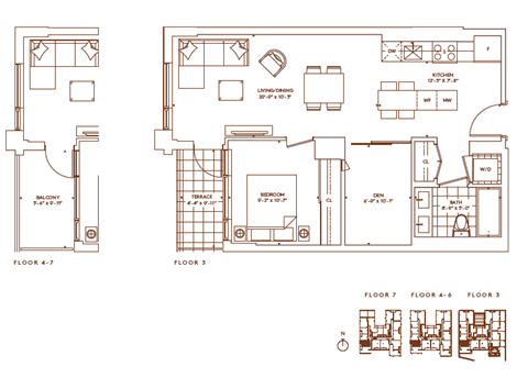 Floor plan for 1 bed, 1 bath, 711 sqft